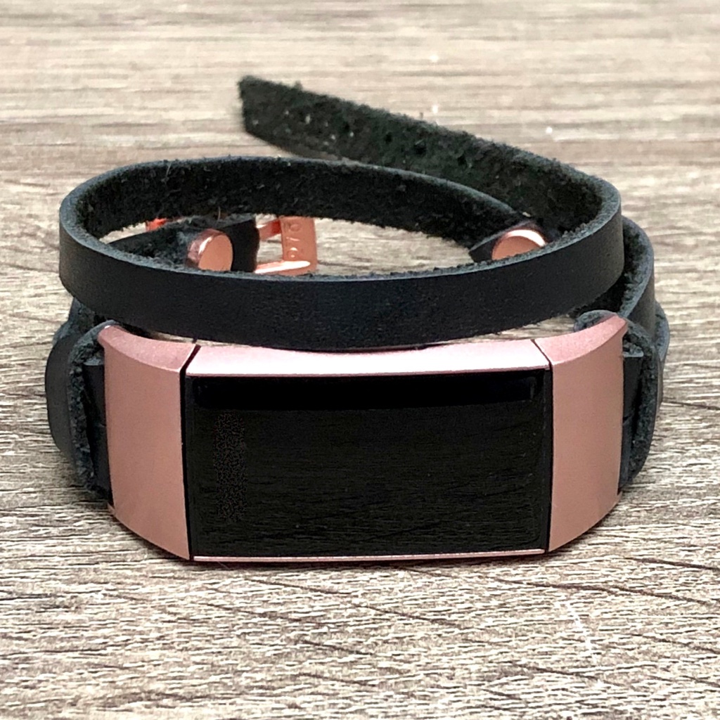 Black Double Wrap Rose Gold Charge 4 Leather Strap